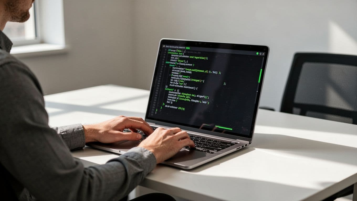 Modern illustration of an IT administrator at a desk running a PowerShell script on a Windows laptop to audit local admin groups, featuring a clean office, natural lighting, and focus on relaxed hands on keyboard.