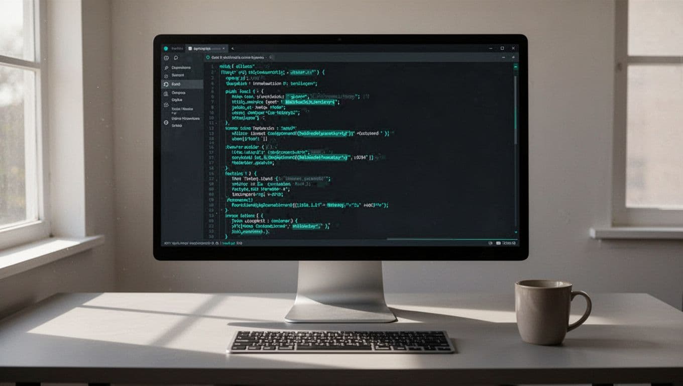 Modern illustration of PowerShell console window on a computer screen displaying Get-InboxRule output listing forwarding rules in a dark theme terminal, with desk setup including monitor, keyboard, and coffee mug.
