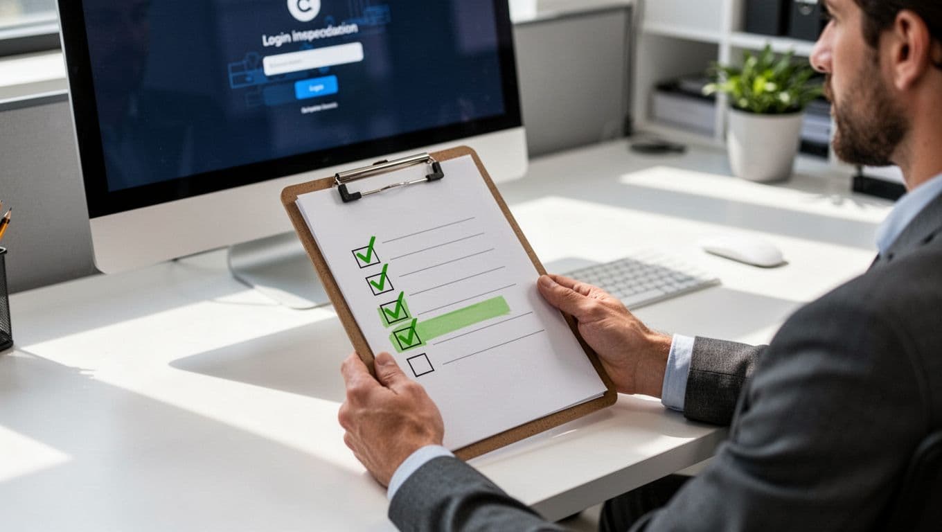 Person holds clipboard with Admin Review Checklist next to computer showing blurred Salesforce login in bright office.