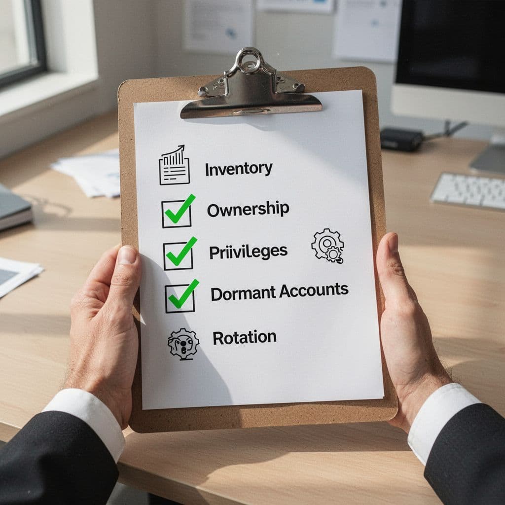 Hand holds clipboard with ticked boxes next to icons for inventory, ownership, privileges, dormant accounts, and rotation on office desk.