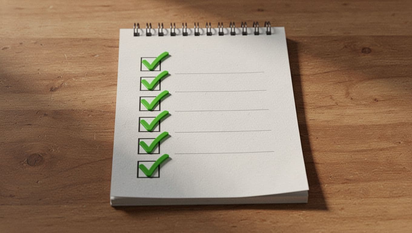 Modern illustration of a reusable pre-delivery checklist for security assessment readouts on a paper notepad with 8 bullet points crossed off using green checkmarks, placed flat on a wooden table with even lighting and clean composition.