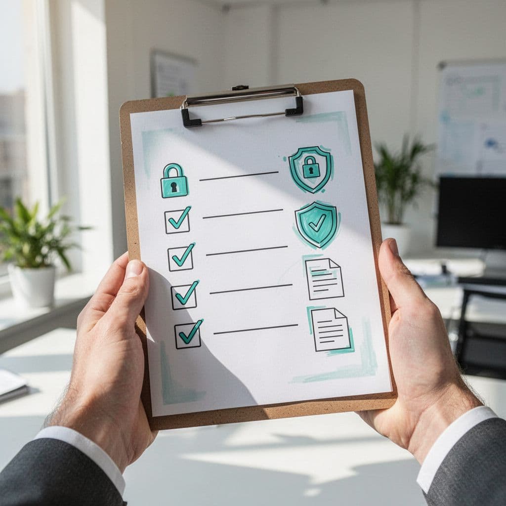 Modern illustration of a simple checklist on a clipboard with checkmarks next to privacy icons like lock, shield, and documents, held by a hand in an office setting with clean lines and soft lighting.