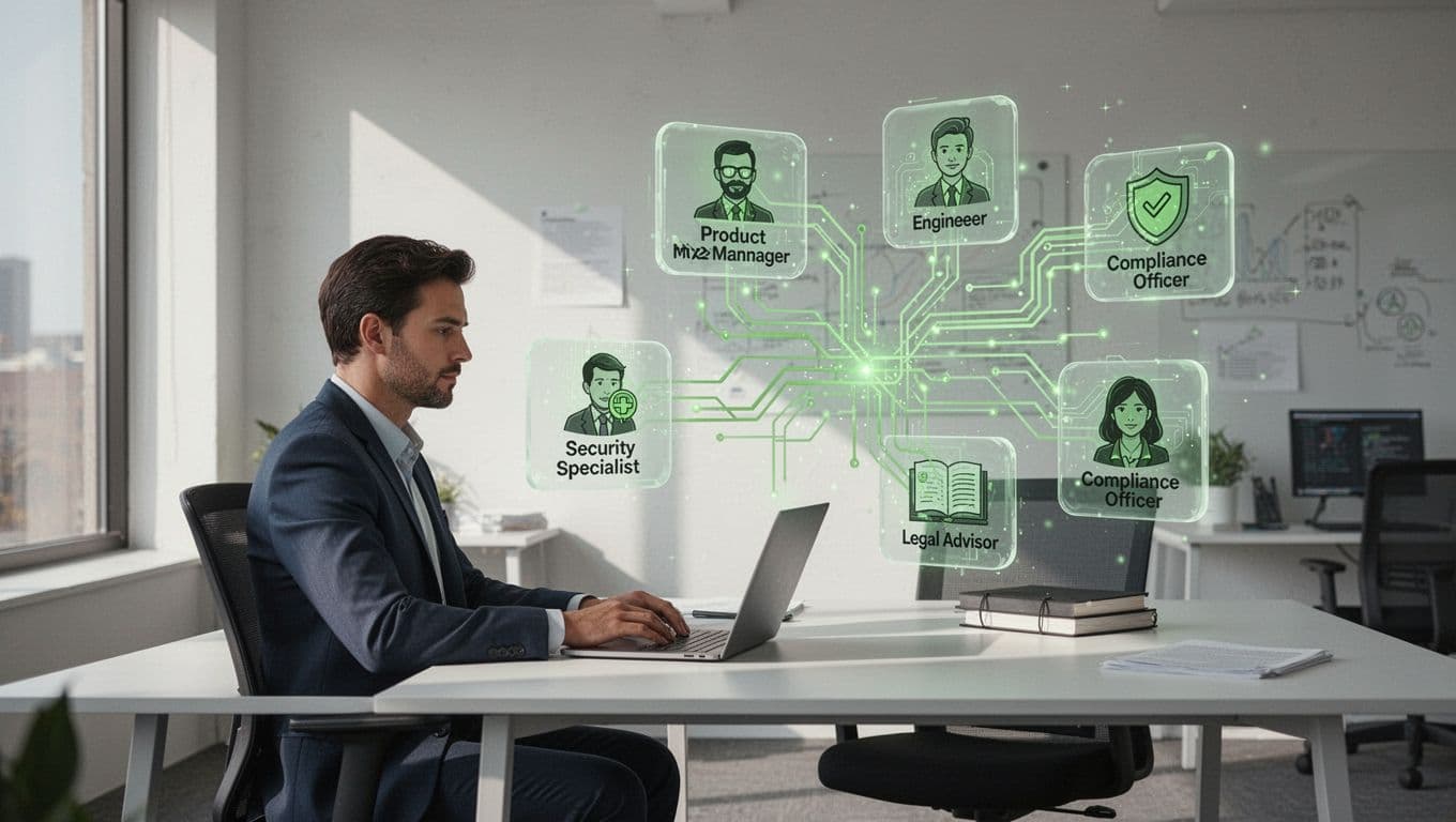 Modern illustration of a privacy engineer at a desk with laptop, surrounded by floating icons of product manager, engineer, security specialist, legal advisor, and compliance officer connected by green-accented data flow diagrams.