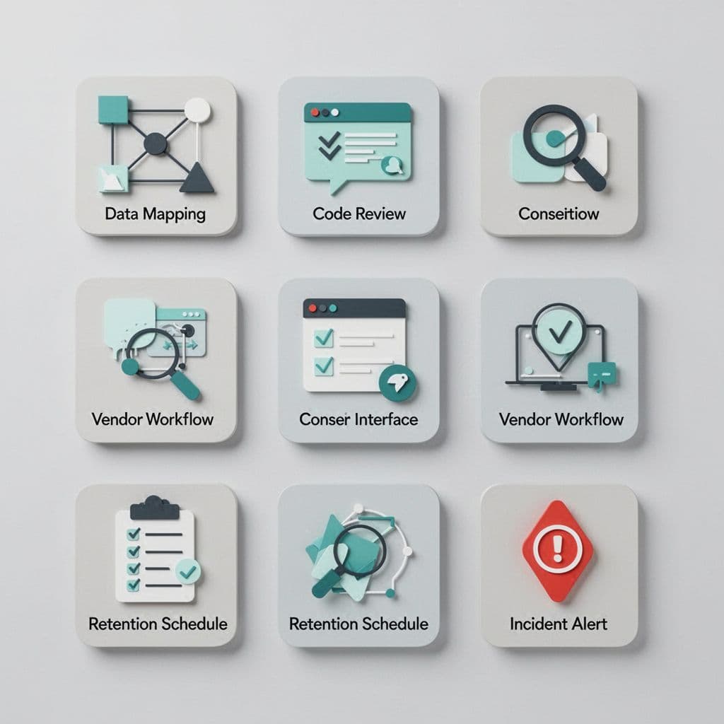 Modern illustration featuring a grid of clean icons representing key privacy engineer skills such as data mapping diagrams, code snippet reviews, consent UI forms, vendor flowcharts, retention calendars, and incident alerts on a light background with green accents.