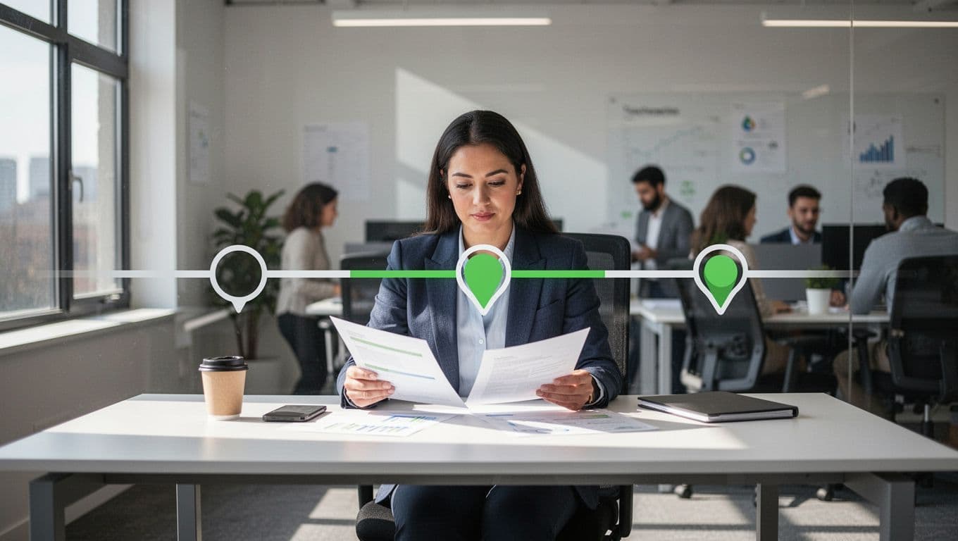 Horizontal timeline with assessment, planning, and implementation icons marks 30/60/90-day milestones; privacy manager reviews documents at desk in SaaS office.