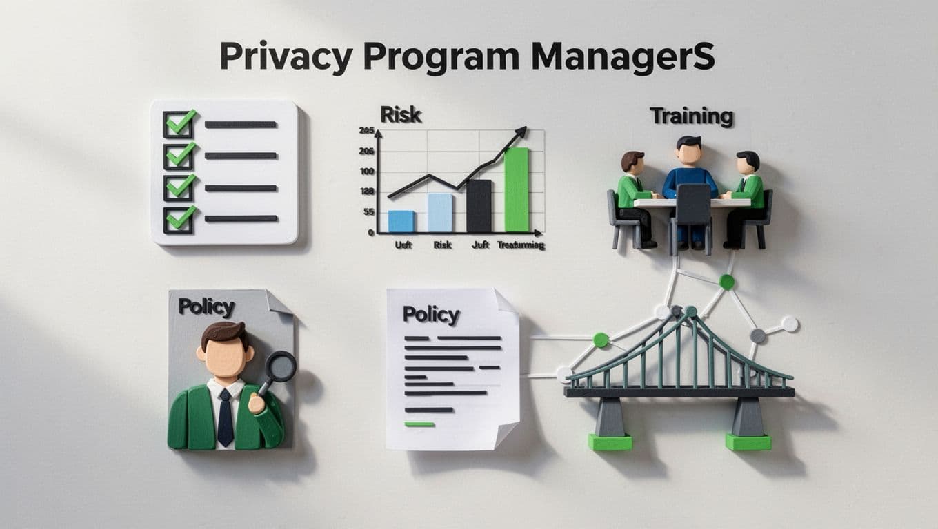 Grid of icons showing compliance checklists, risk charts, training sessions, policy documents, and cross-team bridges on light background.