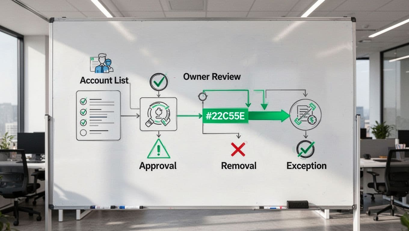 Modern illustration on a whiteboard in a contemporary office showing a simple flowchart for the privileged access review process with four main steps: account list to owner review branching to approve, remove, or exception.