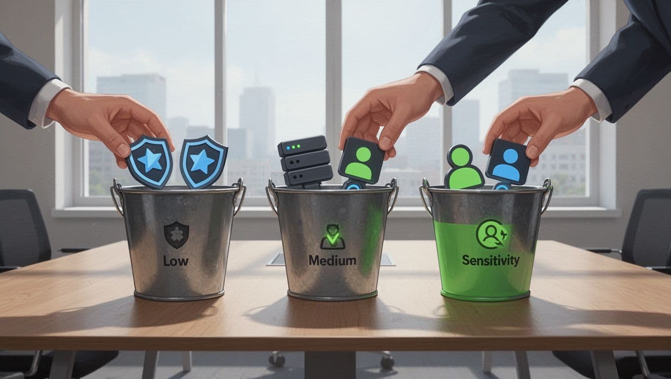 Modern illustration of icons representing privileged accounts like admin badges and servers, sorted into three buckets for low, medium, and high sensitivity levels on a conference table.