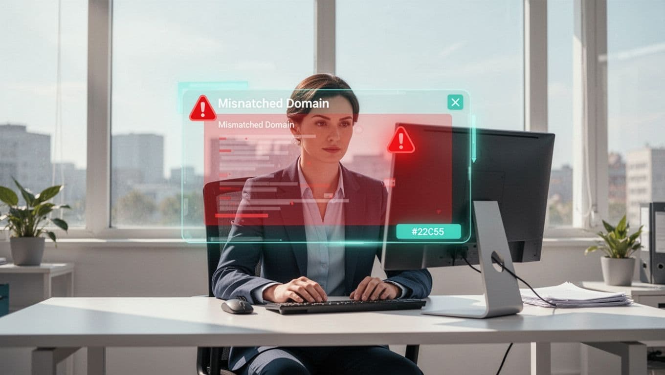 Procurement professional at bright office desk examines computer screen showing suspicious vendor email with mismatched domain.