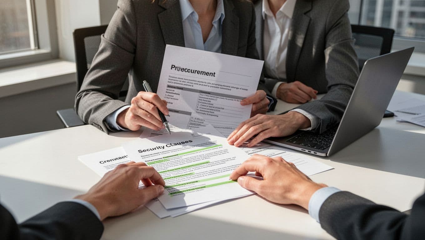 Procurement professional at office desk reviews contract, highlighting security clauses with green accents.
