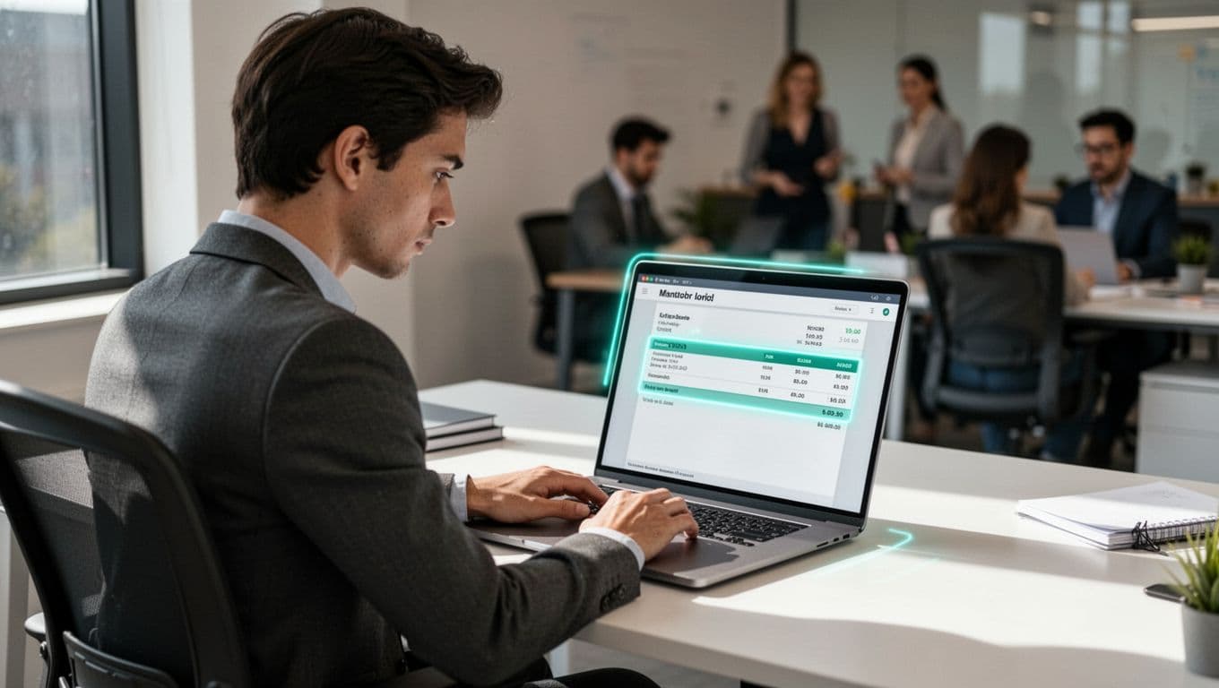 Modern illustration of a procurement professional at a desk reviewing a suspicious vendor invoice on a computer screen, identifying red flags like mismatched details in an office setting.