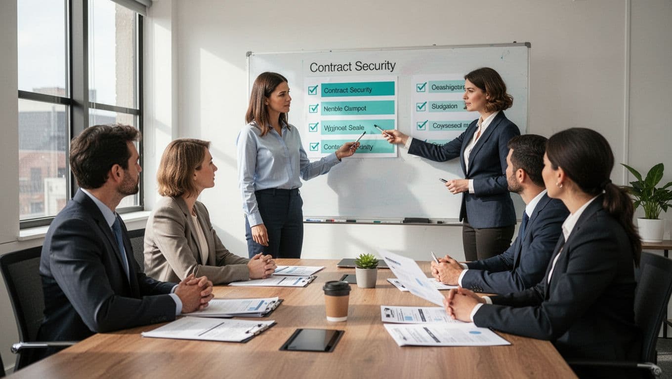 Facilitator points to whiteboard checklist while two colleagues review documents at meeting table.