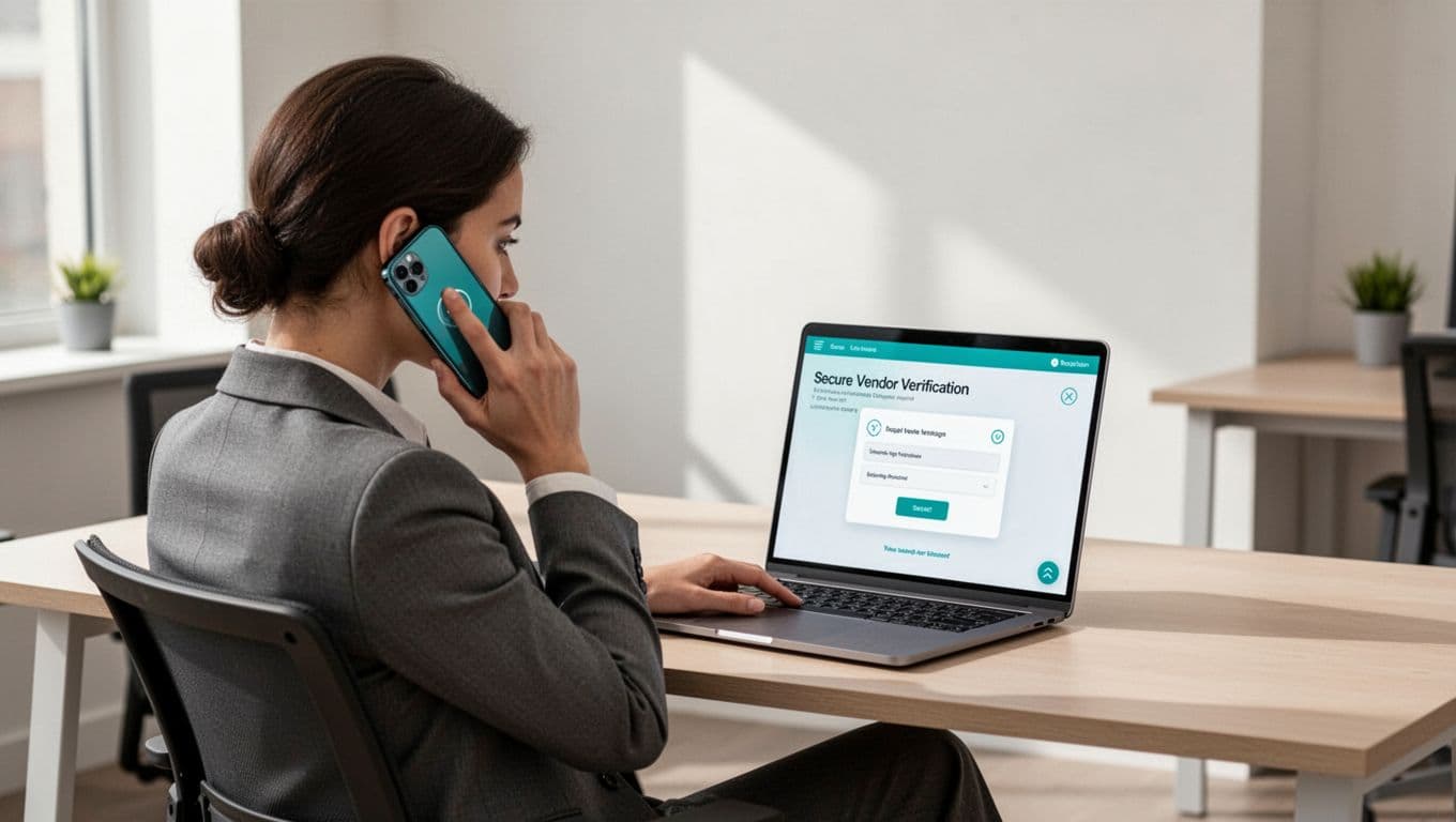 Procurement team member holds phone to ear while viewing secure vendor portal on laptop in modern office.