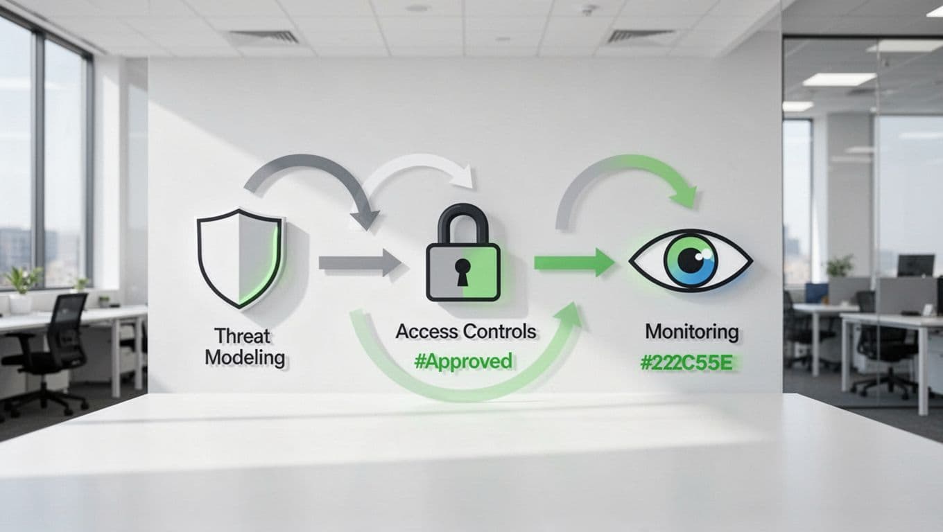 Modern illustration of a flowchart diagram on a digital whiteboard showing security checklist steps for product launch workflow, with arrows connecting stages from threat modeling to monitoring, green accents, and simple icons.