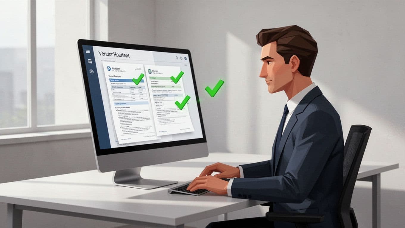 Product manager evaluates vendor documents and SBOMs on angled computer screen with green secure checkmarks in simple office.