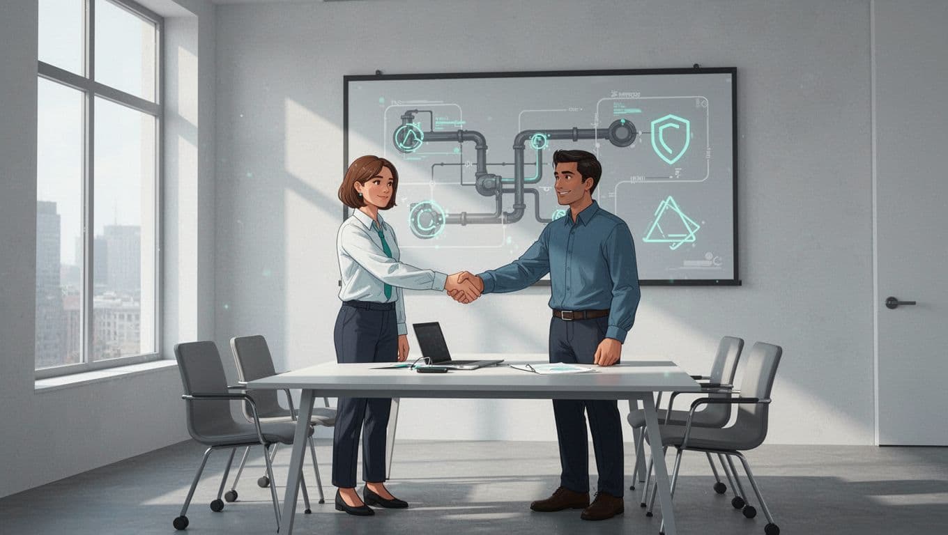 Product manager and security engineer collaborate at a table with build pipeline diagrams and signed artifact icons in a modern meeting room.