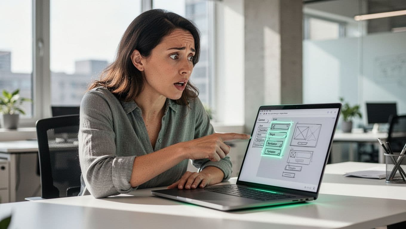 Product manager at modern desk in bright office points to flawed navigation menu on laptop screen showing confusing dashboard wireframe.