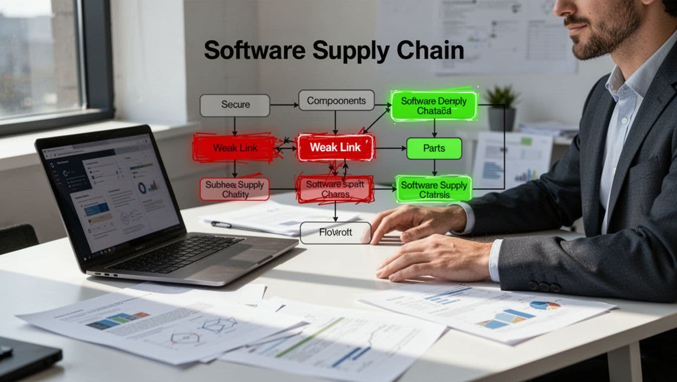Product manager at desk examines flowchart of software supply chain with red weak link amid green secure parts.