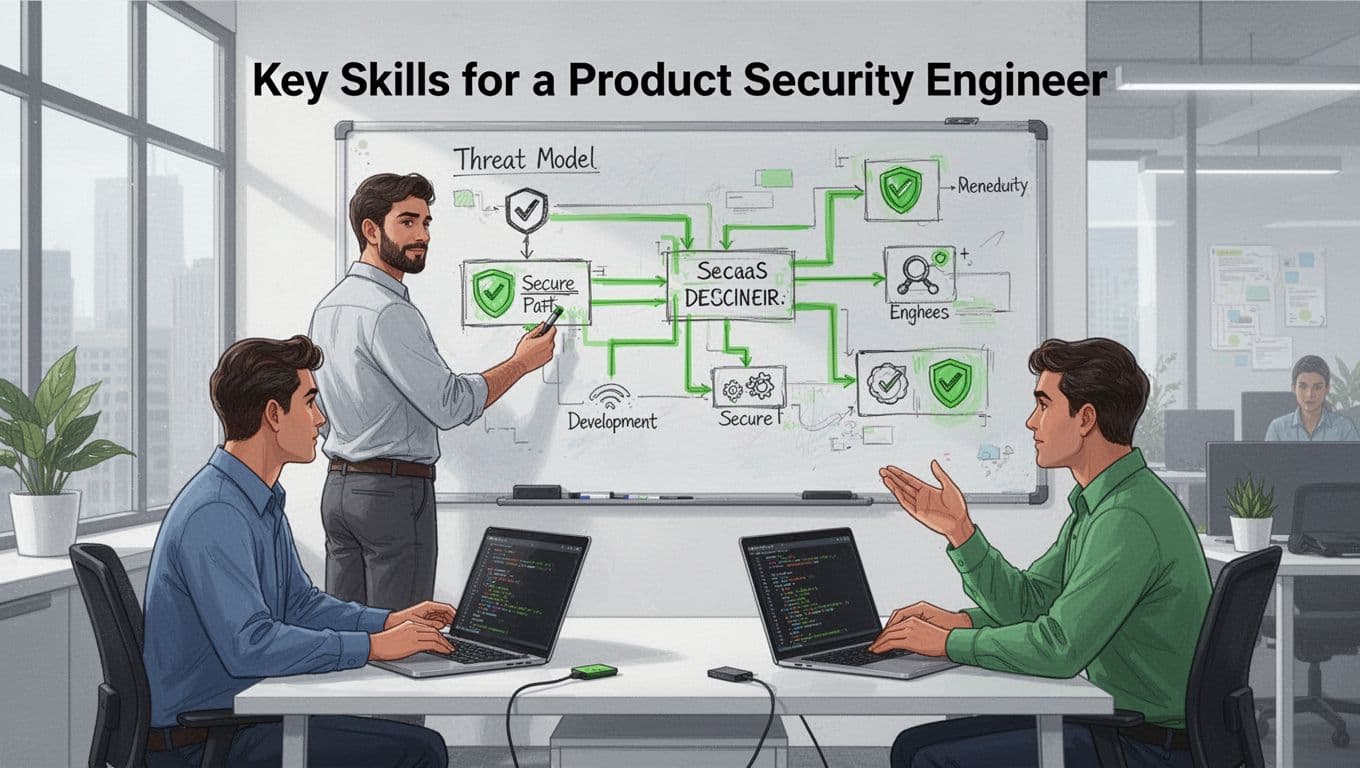 Modern illustration of a product security engineer drawing a threat model diagram on a whiteboard with green accents, collaborating with a SaaS developer discussing code on laptops in an open office. Exactly two people visible, clean shapes, controlled colors, and strong composition.