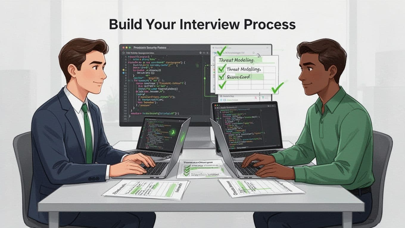 Modern illustration depicting a hiring manager and candidate reviewing a scorecard at a table during a product security role interview, with laptops open to code review and threat modeling notes, featuring subtle green highlights on checkmarks.