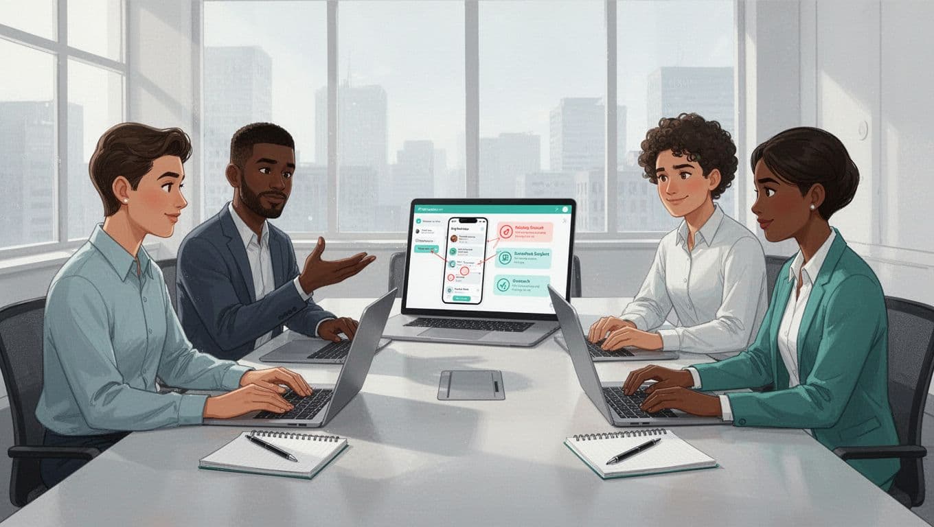 Four diverse product professionals sit around a conference table, discussing flaws in a competitor app on a shared angled laptop screen.