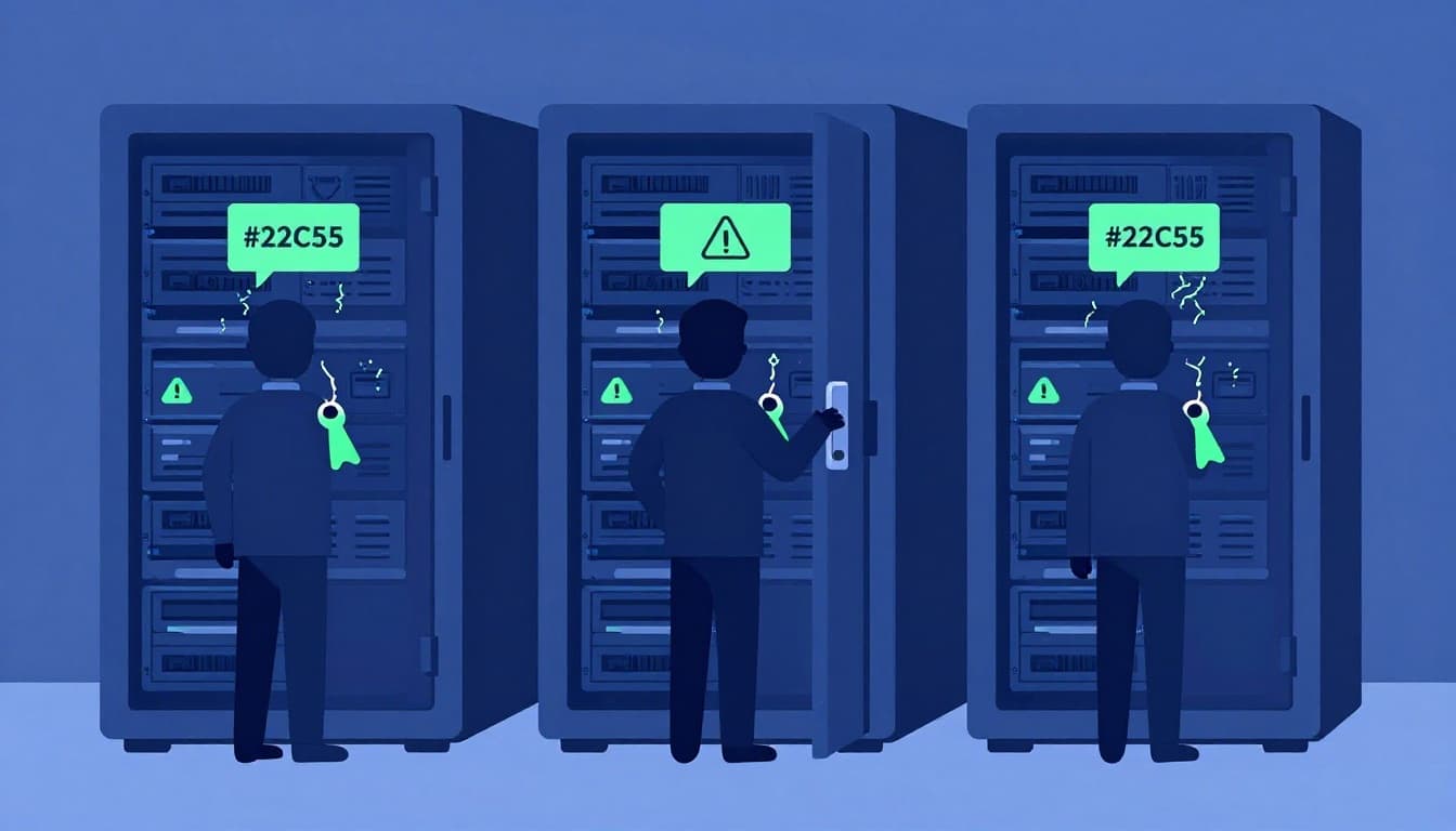 Modern illustration of a secure production database server in a dimly lit data center, with three stylized developer avatars holding access keys approaching the locked door, accented by subtle alert icons in green.