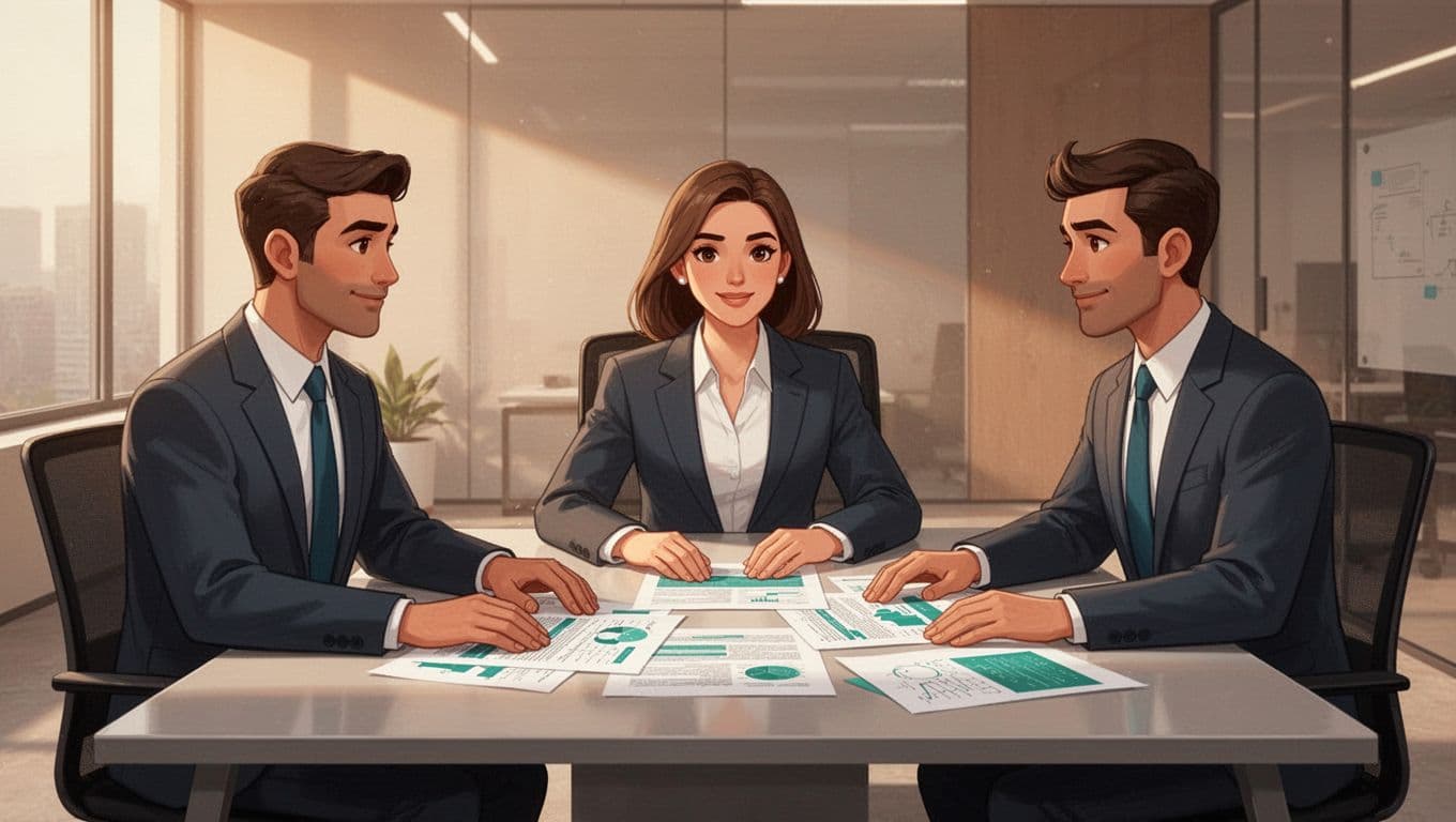 Modern illustration of a professional consultant meeting with two business leaders at a desk, reviewing documents and discussing plans with relaxed hand poses. Clean shapes and controlled colors feature green accents on documents in a warm-lit professional office setting.