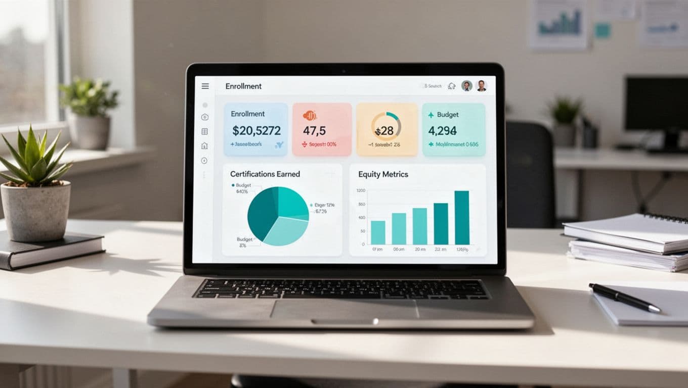 Modern illustration of a clean professional dashboard on a laptop screen displaying charts for enrollment numbers, certifications earned, budget pie chart, and equity metrics bars with simple interface and soft office lighting.
