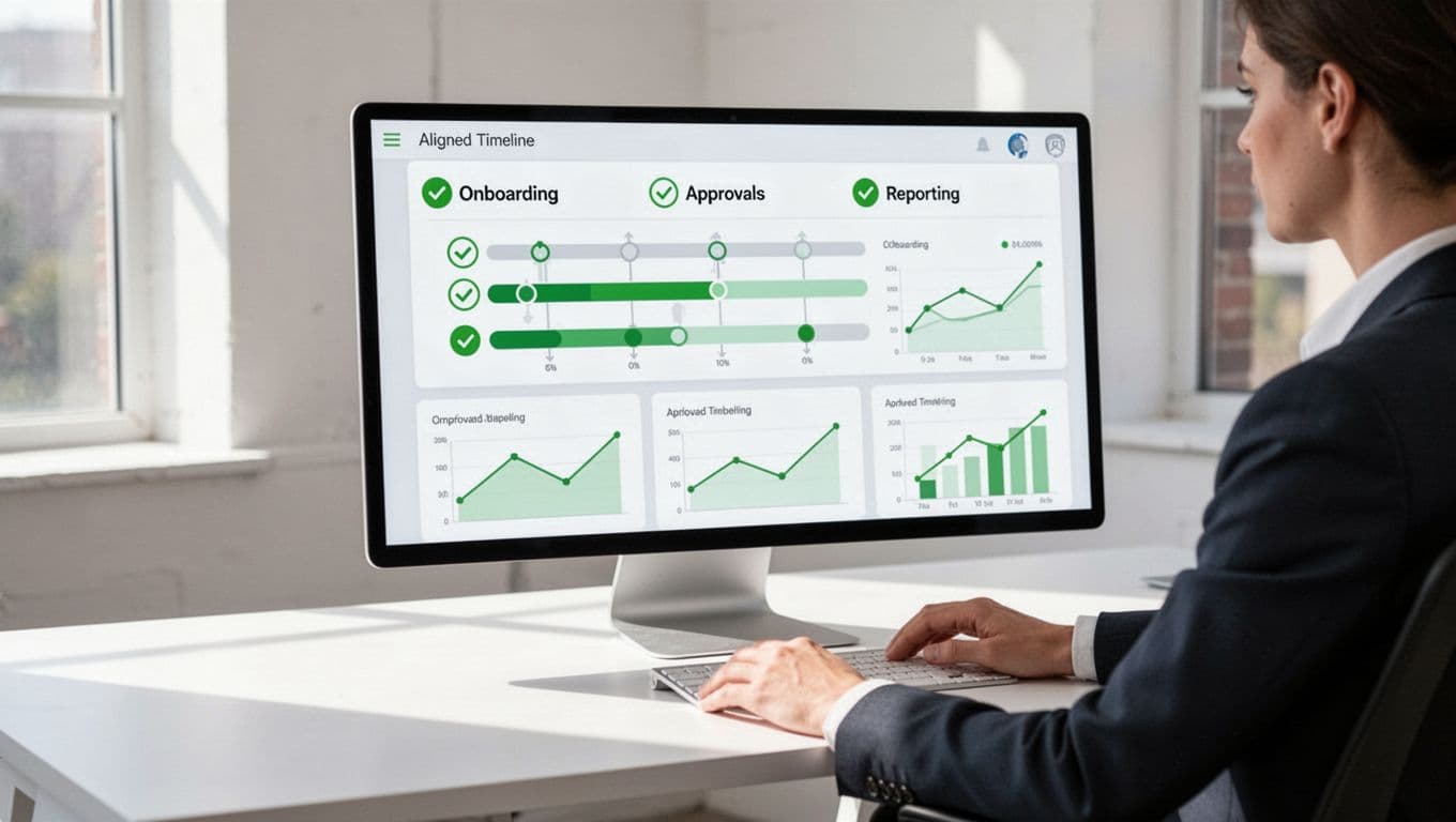 Modern illustration of a professional at a desk reviewing a digital dashboard with aligned timelines for onboarding, green approval checkmarks, and matching graphs for reporting between agency and internal columns, in a bright workspace.
