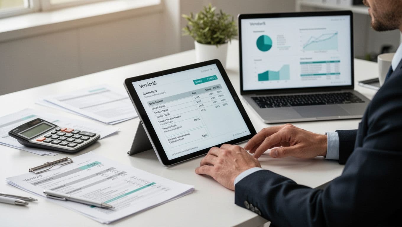 Modern illustration of a professional at a desk thoughtfully reviewing vendor quotes on a tablet, surrounded by papers, calculator, and laptop with comparison charts in an organized office workspace.