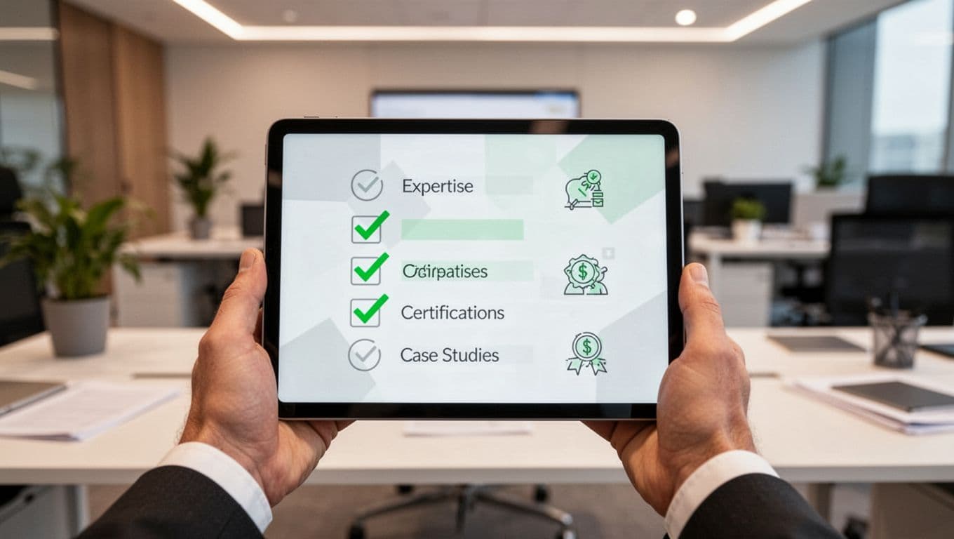 Modern illustration of a professional in an office holding a digital tablet with a checklist showing items like expertise, certifications, and case studies, accented by green checkmarks.