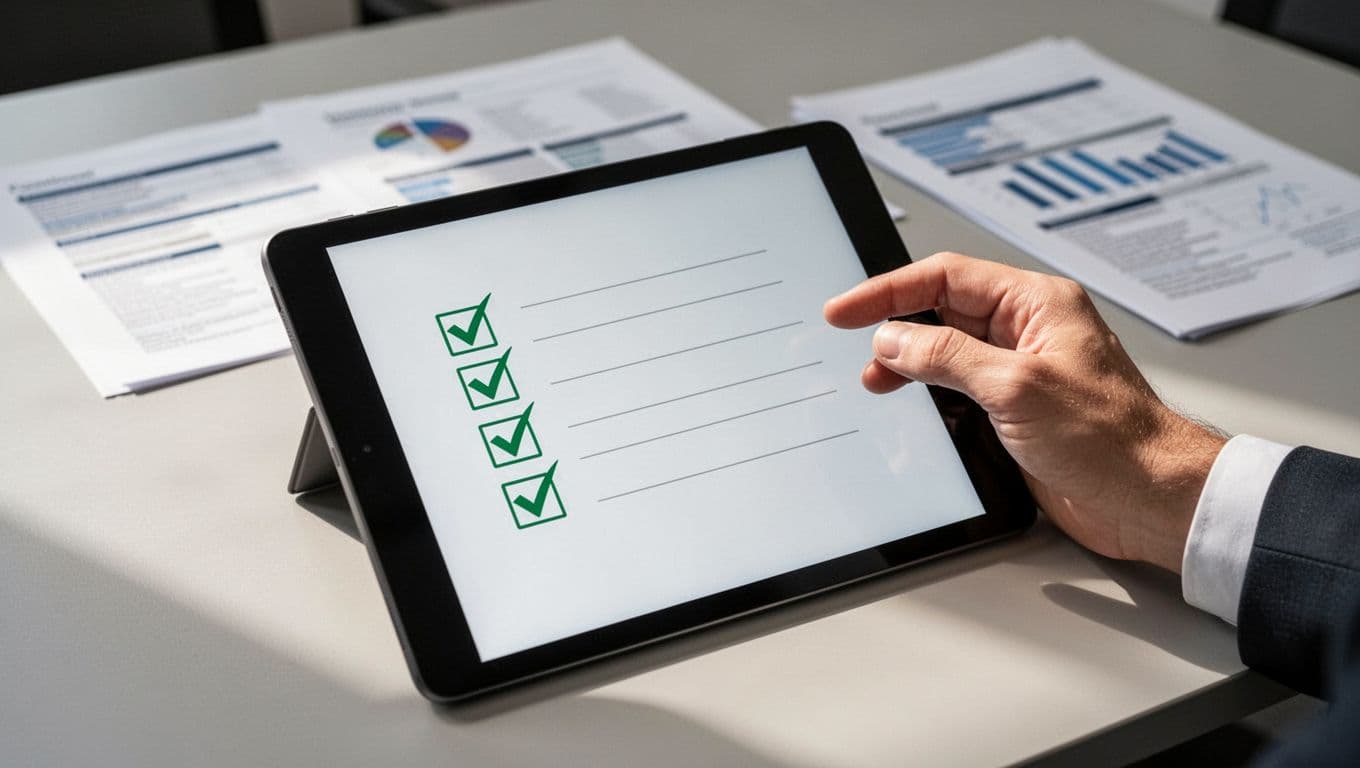 Professional hand holds digital tablet with checklist and green checkmarks on faint office desk.