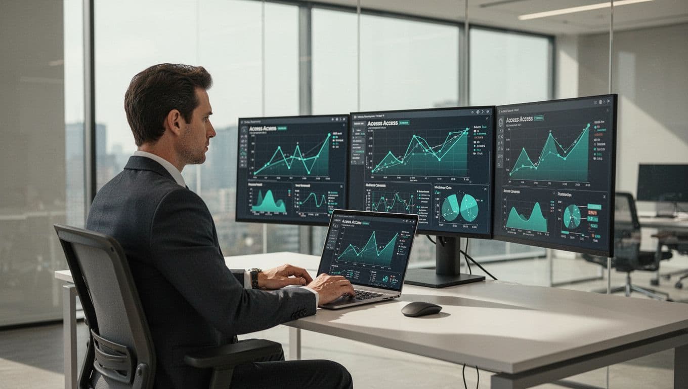 Modern illustration of a professional consultant focused on reviewing IAM access logs on a secure dashboard in a modern office, using laptop and monitors with abstract access graphs accented in green.