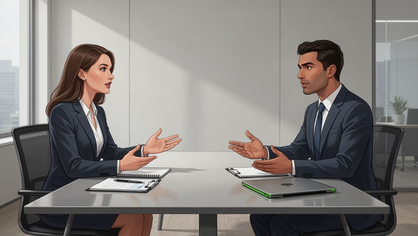 Interviewer and candidate discuss crisis scenarios at a table with notebooks, laptop, and green folder.