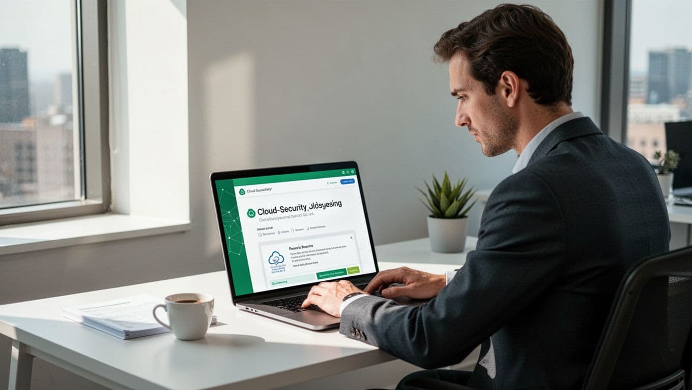 Modern illustration of a professional at a desk using a laptop to search for cloud security jobs on LinkedIn, featuring clean shapes, a controlled color palette with green accents, focused composition on the screen and thoughtful expression in a simple office.