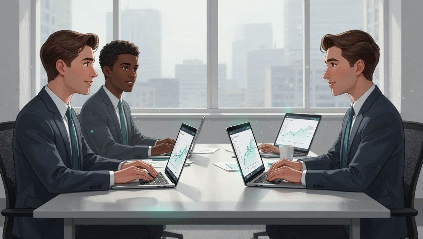 Modern illustration in clean shapes and controlled color palette depicting a professional interview in an office with exactly two interviewers at a desk facing one candidate, discussing charts on a laptop screen highlighted by subtle green accents on metrics graphs.