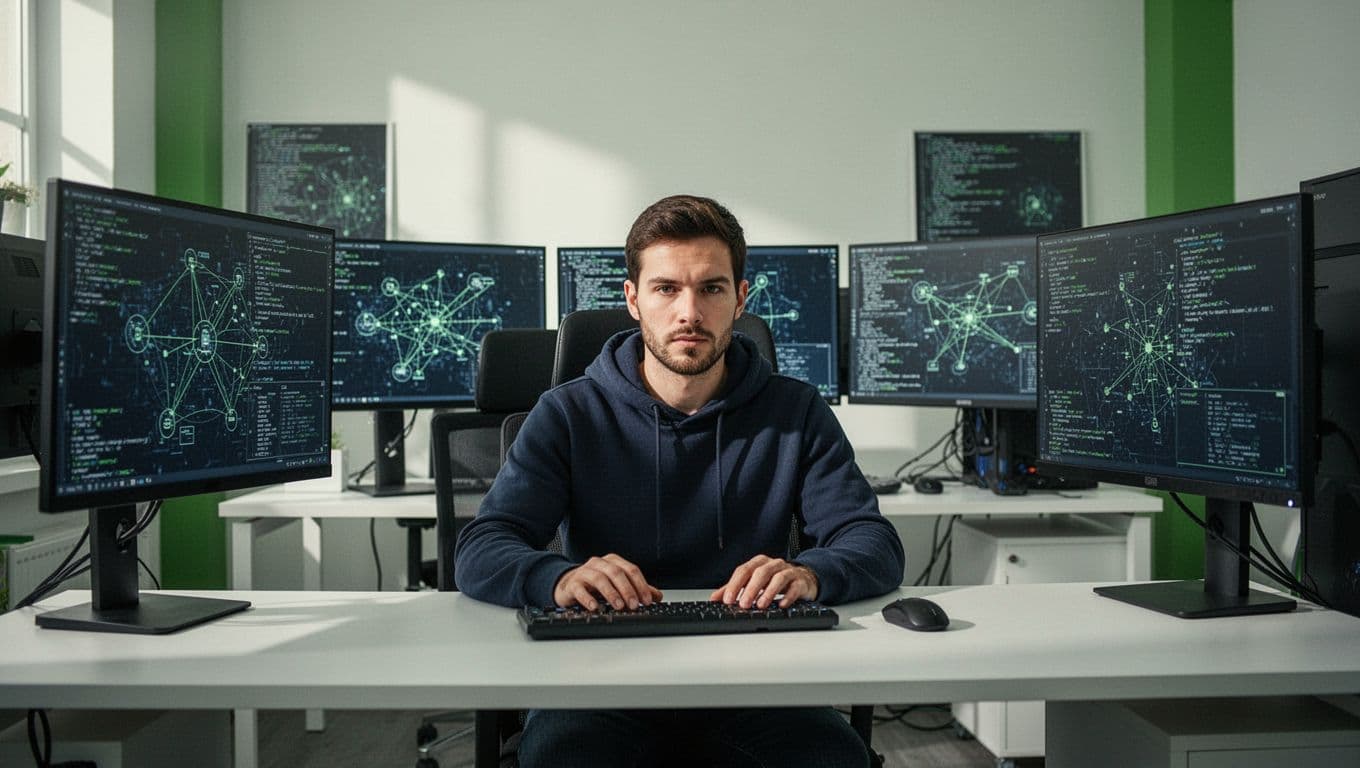 Modern illustration of a focused penetration tester at a desk with multiple screens displaying network diagrams and code, in a clean office with soft lighting and green accents.
