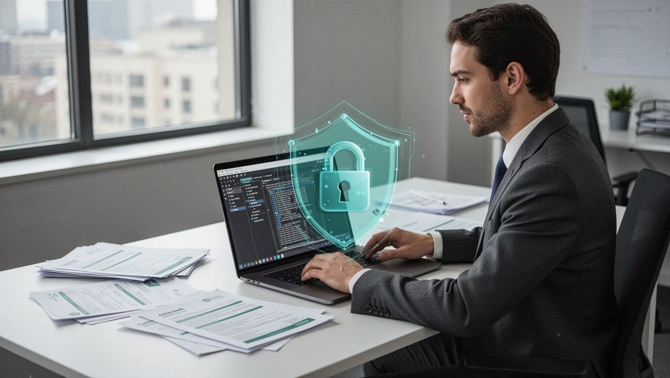 Modern illustration of a professional at a desk using a personal laptop with an AI app open, company data files nearby at risk, while some files are protected by a secure lock icon in an office setting.