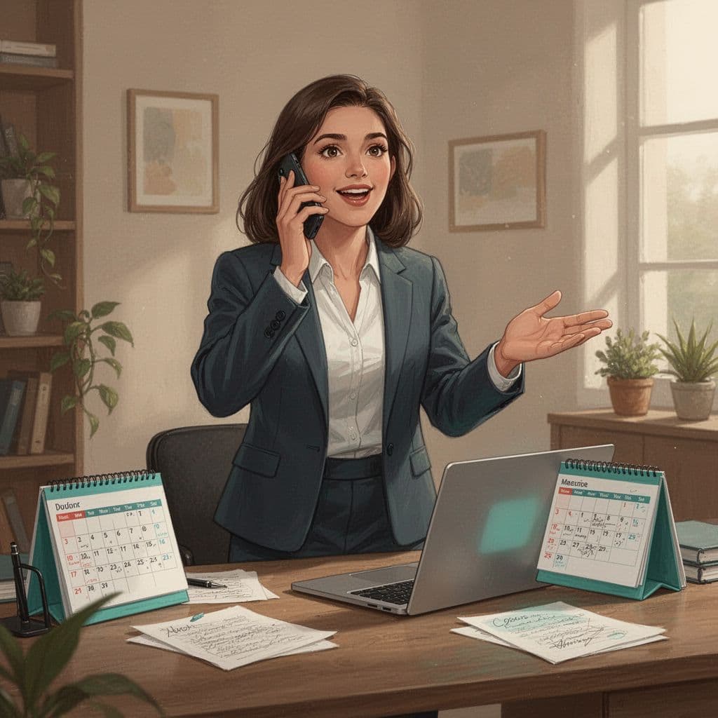 Modern illustration of a confident professional on a phone call in a cozy office, with open laptop, calendar, and notes on desk, implying handshake gesture across the call to emphasize connection.