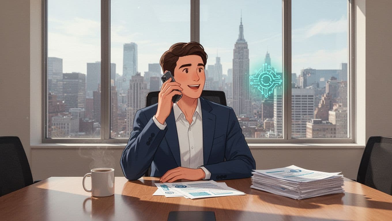 Modern flat illustration of a business person on a relaxed phone call, with a cybersecurity consultant icon in the speech bubble, at a conference table featuring coffee mug, documents, and a city window view.