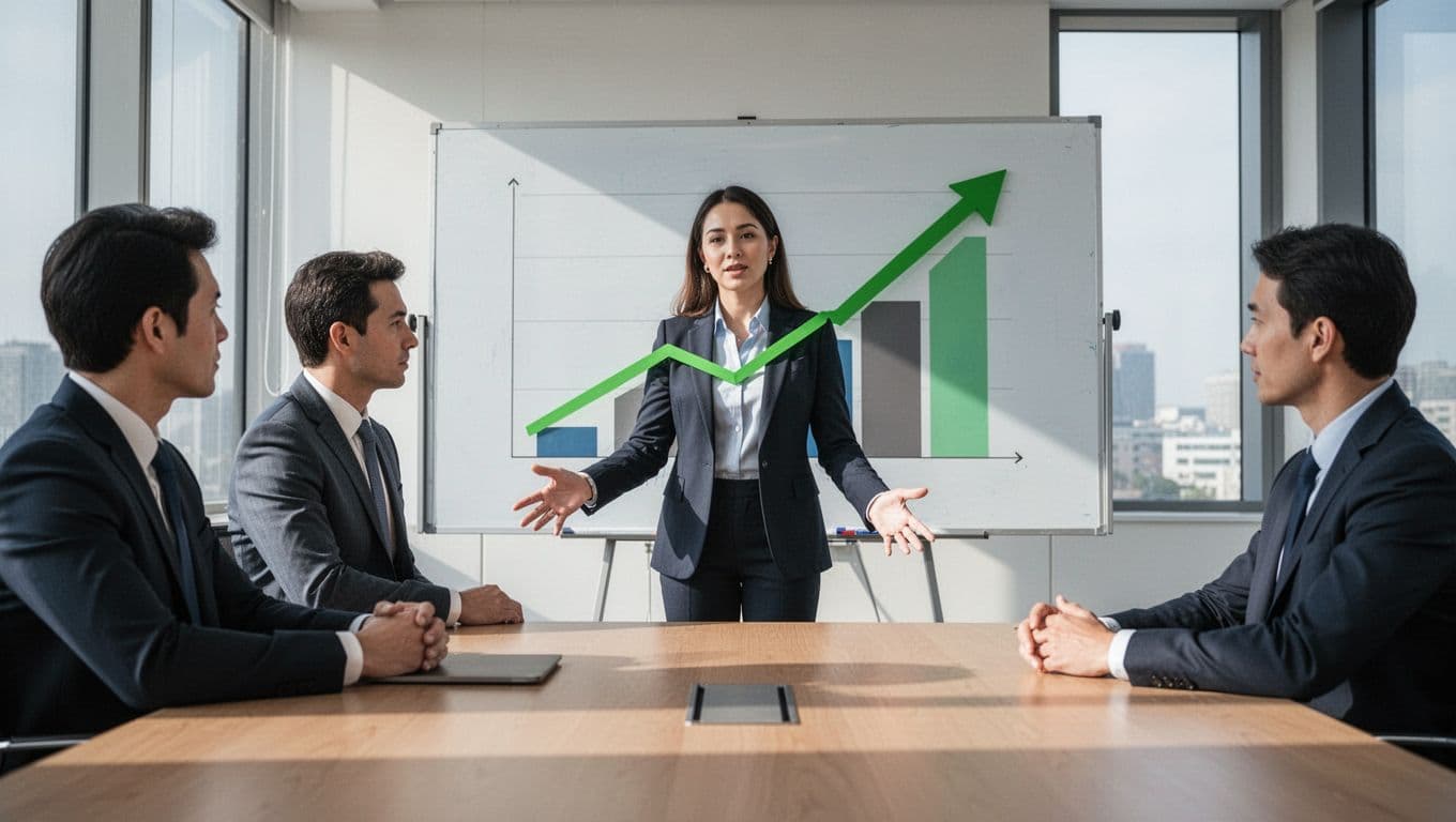 Modern illustration of a business professional presenting a chart displaying ROI metrics with a green upward trend to a team in a meeting room, featuring clean shapes, natural lighting, and relaxed postures.