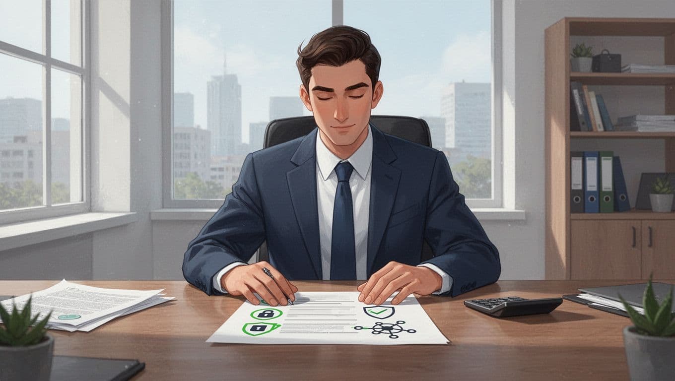 Modern illustration of a professional at a desk in an office with soft window light, reviewing a cyber security checklist document featuring icons for locks, shields, and networks.