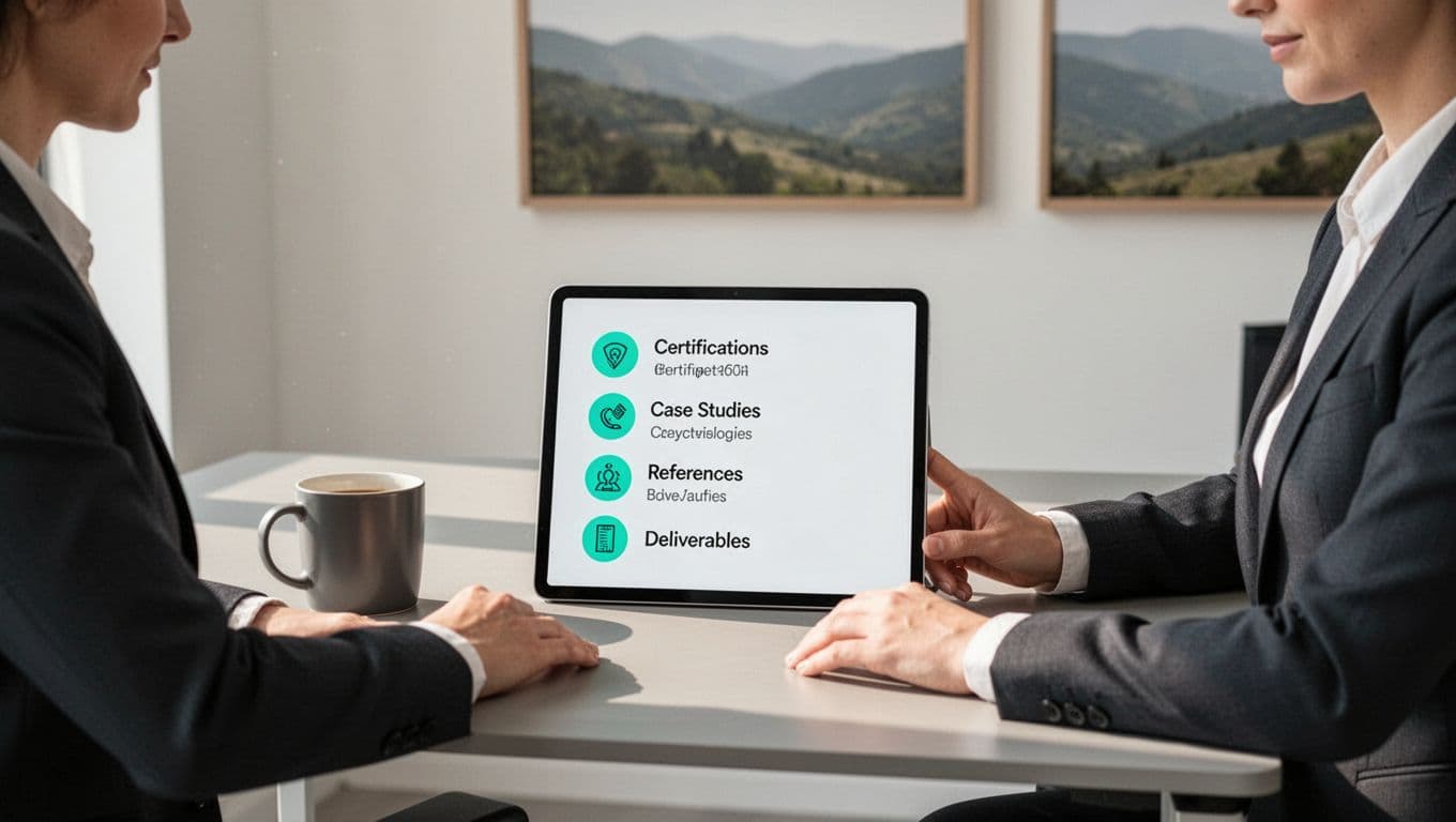 A business professional at a modern desk thoughtfully reviews an illustrated checklist on a tablet for hiring a cybersecurity training consultant, featuring icons for certifications, experience, case studies, references, and deliverables, with a coffee mug nearby.