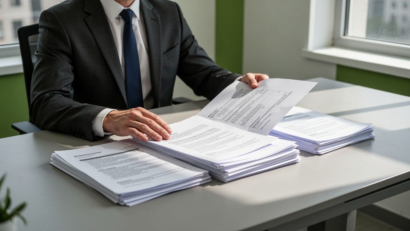 Modern illustration of a business professional at a desk reviewing a cybersecurity consultant proposal document with checklists and pricing tables in a clean office setting under natural daylight.