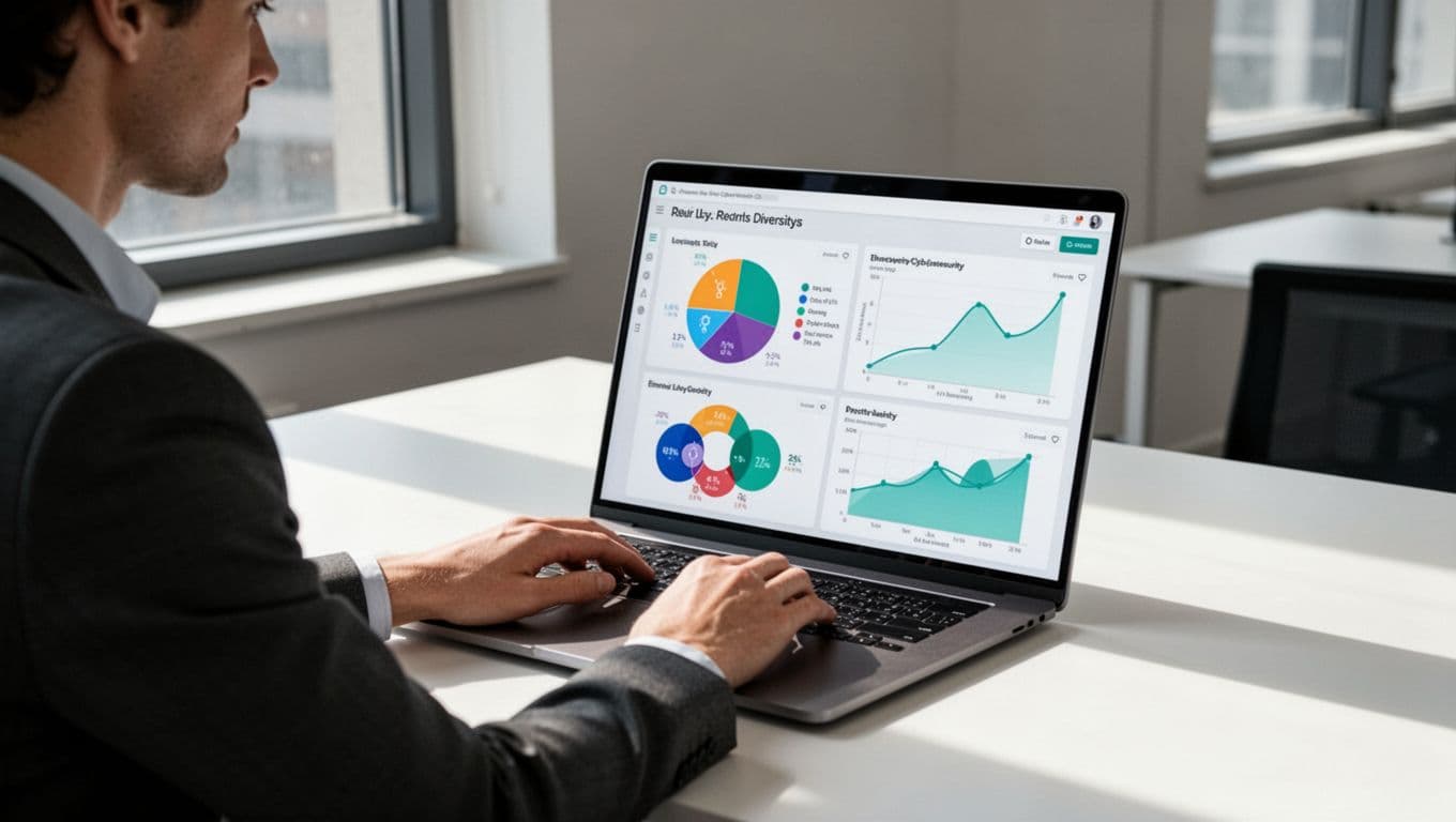 Modern illustration of a professional relaxed at a laptop reviewing a dashboard with charts on gender and ethnicity representation in cybersecurity roles, in a clean modern office with soft lighting and green accents.