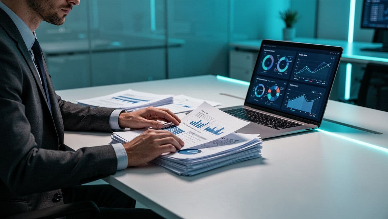 Illustration of a business professional in a modern office reviewing stacks of cybersecurity reports and digital dashboards on a laptop screen, with focused composition on key documents featuring checklists and charts in cool blue tones.