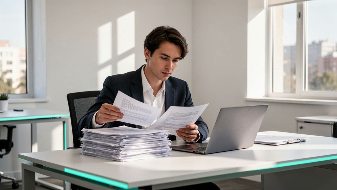 Modern illustration of a professional at an office desk reviewing a stack of documents labeled as contracts and certifications next to a laptop, with clean shapes, green accents, and natural lighting.