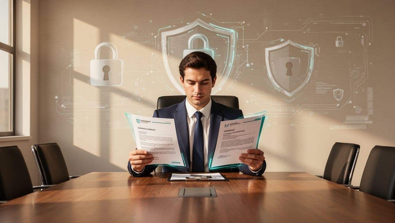 Modern illustration of a professional at a conference table reviewing a retained search agreement document, featuring subtle cybersecurity icons like locks and shields in the background, with warm office lighting and focused composition on one person.