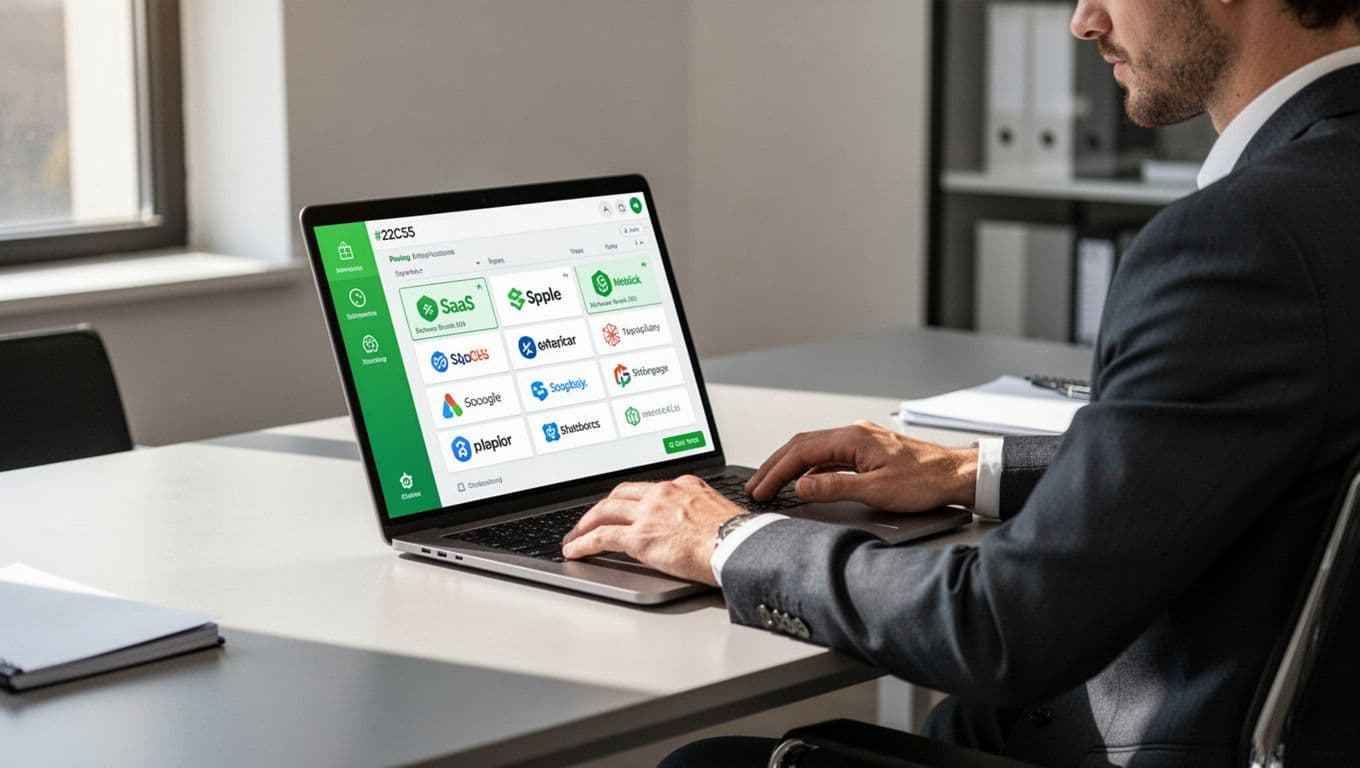 A professional at a modern desk reviews a spreadsheet listing SaaS apps like Slack, Salesforce, and Google Workspace with user counts and permissions. Laptop screen angled showing a simple table in a clean office setting, modern illustration style.