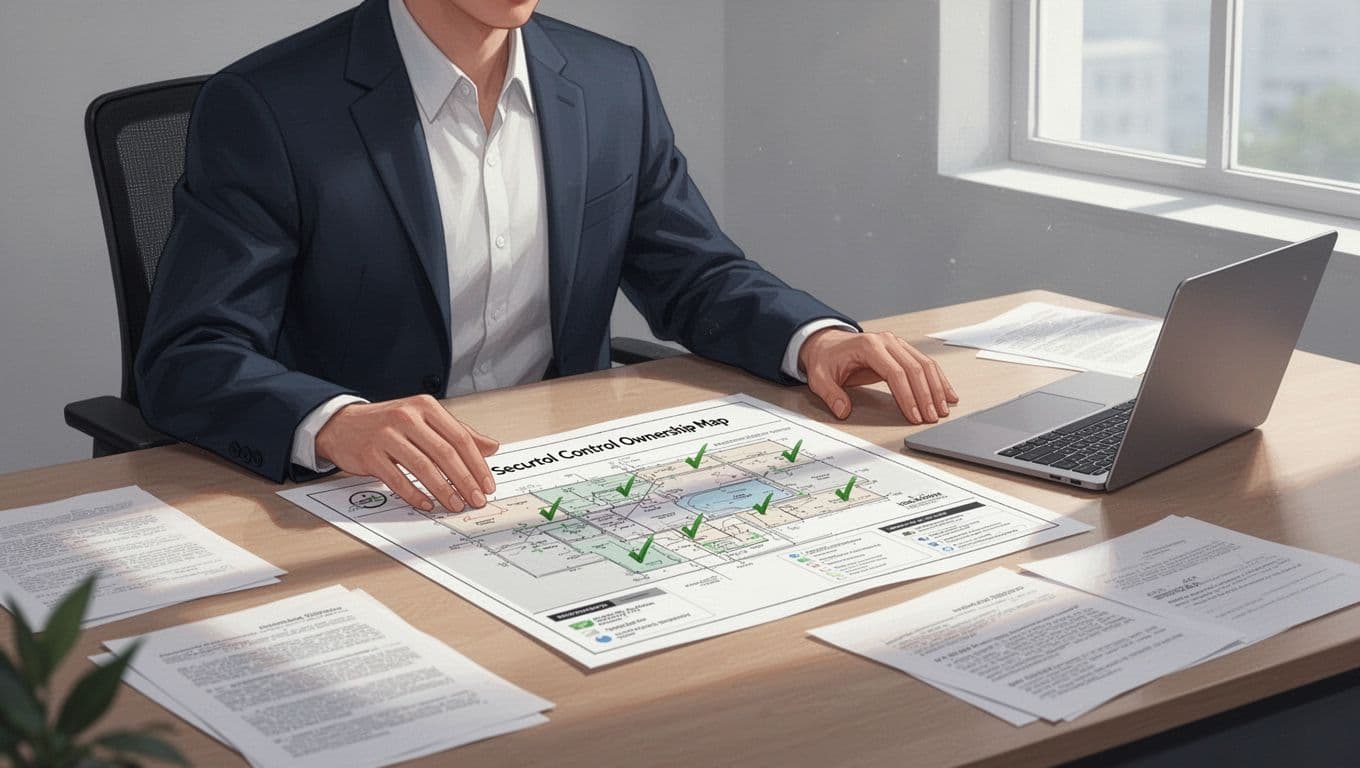 Professional seated at desk reviews printed security control map with green checkmarks and names, papers and laptop nearby.